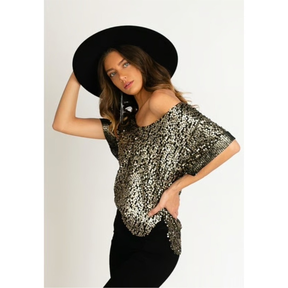 Joyfolie Jaycee Top Bronze Sequin Sparkle Flutter Sleeve V Neck Women's M NWT$78